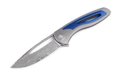 SharpByDesign Apex Blue - Grey Drop Point Flipper Damascus